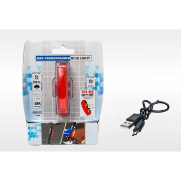 Фото Велофонарь задний Bike Light, аккумулятор, USB кабель, LED, 2 режима работы, влагозащищенный, блистер, УТ00018617