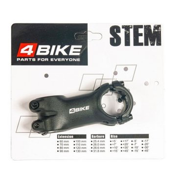 Фото Вынос велосипедный 4BIKE TDS-C301, алюминиевый, L:75, R:+6°, D:31.8 мм, индивидуальная упаковка, чёрный, ARV000009